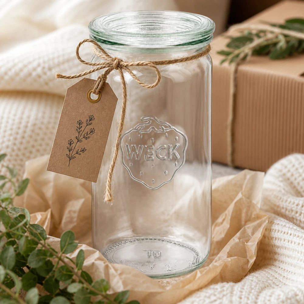 340 ml cylinderglas med glaslåg WECK RR60 WECK 340 ml cylinderglas RR60 dekorativt med jutesnor og etiket som gaveindpakning på beige tekstil