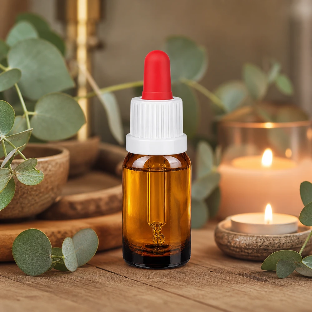 10 ml pipetteflaske hvid/rød OV BrownLine UT18/10 Lille 10 ml pipetteflaske i ravfarvet glas med praktisk dråbehætte til kosmetik
