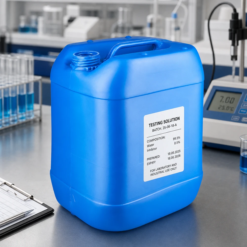 Blå dunk på 20 liter med laboratoriemærkning og bærehåndtag til testopløsninger uden låg