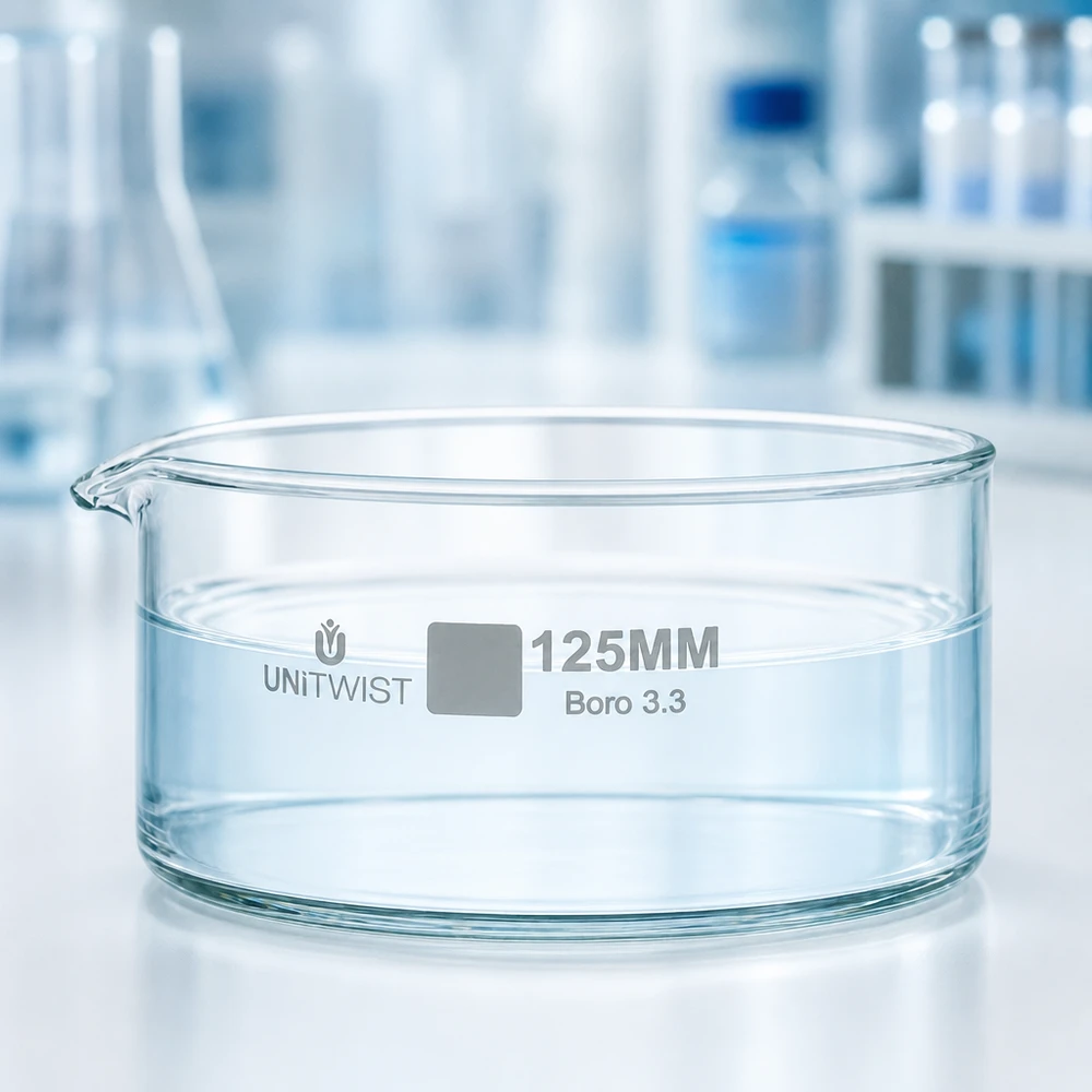 Krystalliseringsskål ø125mm borosilikatglas UNiTWIST Tom krystalliseringsskål 125 mm UNiTWIST borosilikatglas Boro 3.3, flad udformning, til laboratoriebrug