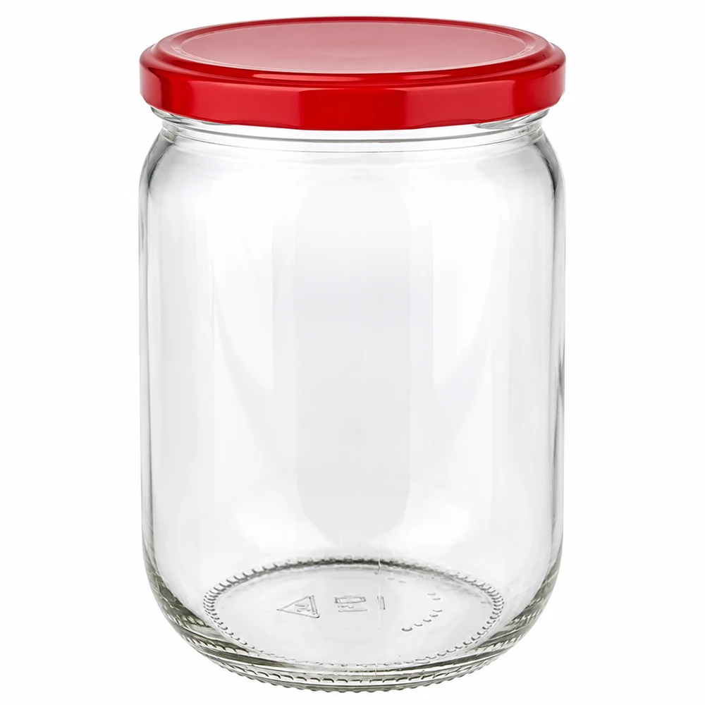 555 ml rundt glas + BasicSeal-låg, rød, UNiTWIST 555 ml rundt glas med rødt BasicSeal-låg af klart glas til konservering og opbevaring af fødevarer