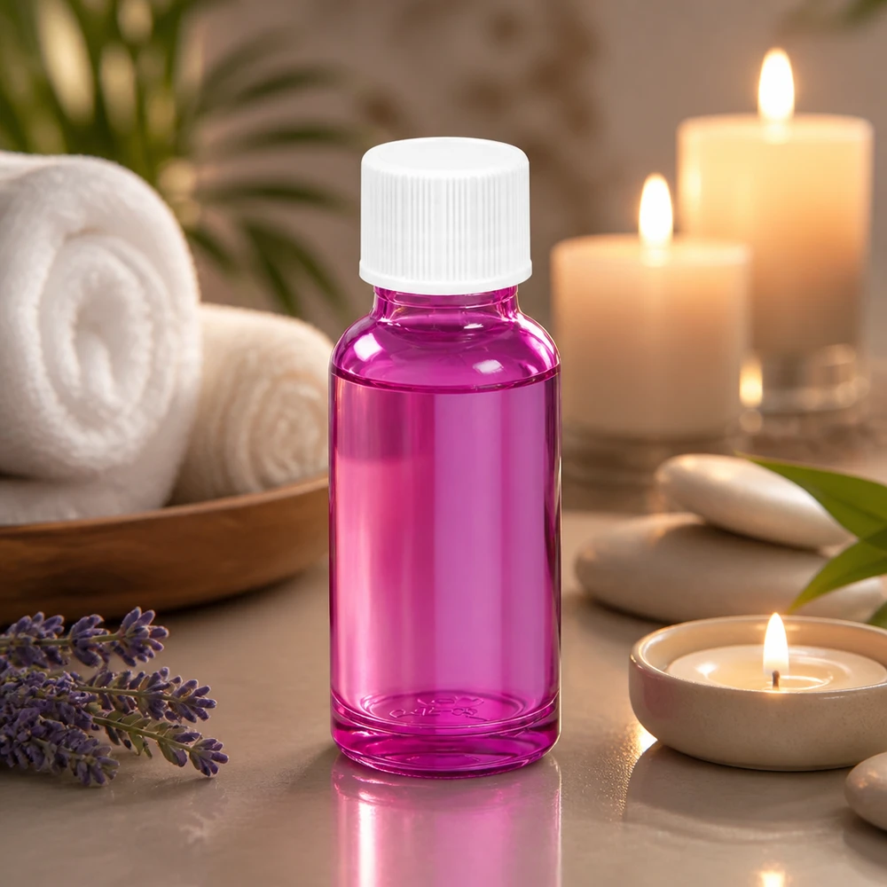 20 ml flaske 11 mm skruelåg hvid standard PurpleLine UT18/20 Elegant 20 ml flaske i strålende violet med hvid hætte til spa og wellness