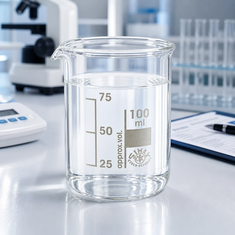 Bægerglas 100 ml borosilikatglas, lav form Gennemsigtigt bægerglas 100 ml af borosilikatglas med præcis volumenskala til laboratoriebrug