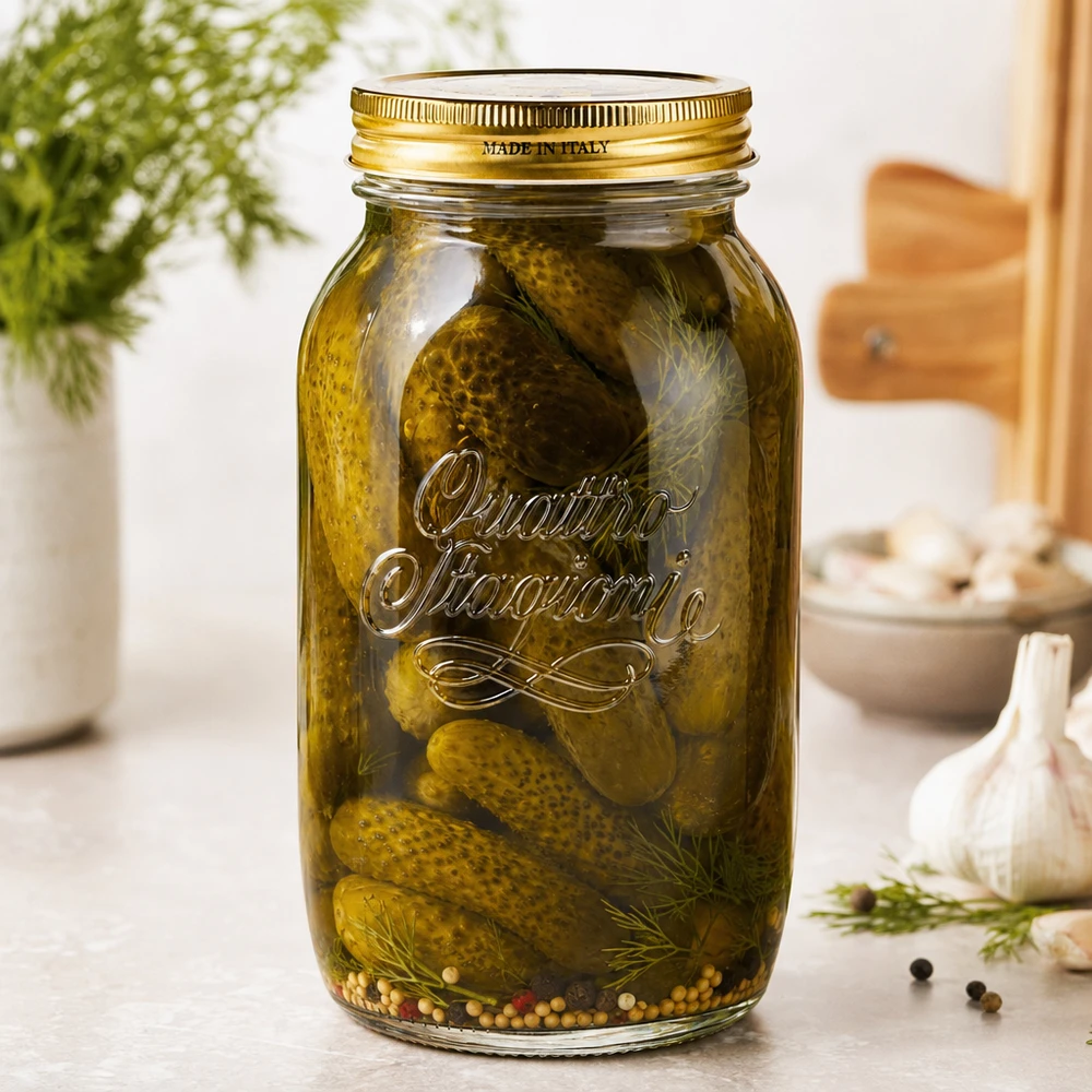 1500 ml rundt glas "Quattro Stagioni" med låg Quattro Stagioni 1500ml Einmachglas gefüllt mit eingelegten Gurken und Dill zeigt praktische Verwendung als Konservengla