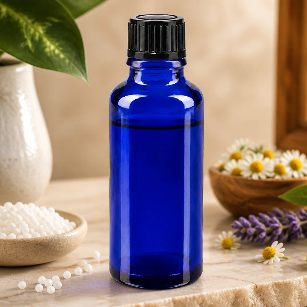 Apoteksflaske blå 30ml dryp v. 1mm sort pc Lille 30 ml flaske af koboltblåt apotekerglas med børnesikret sort låg