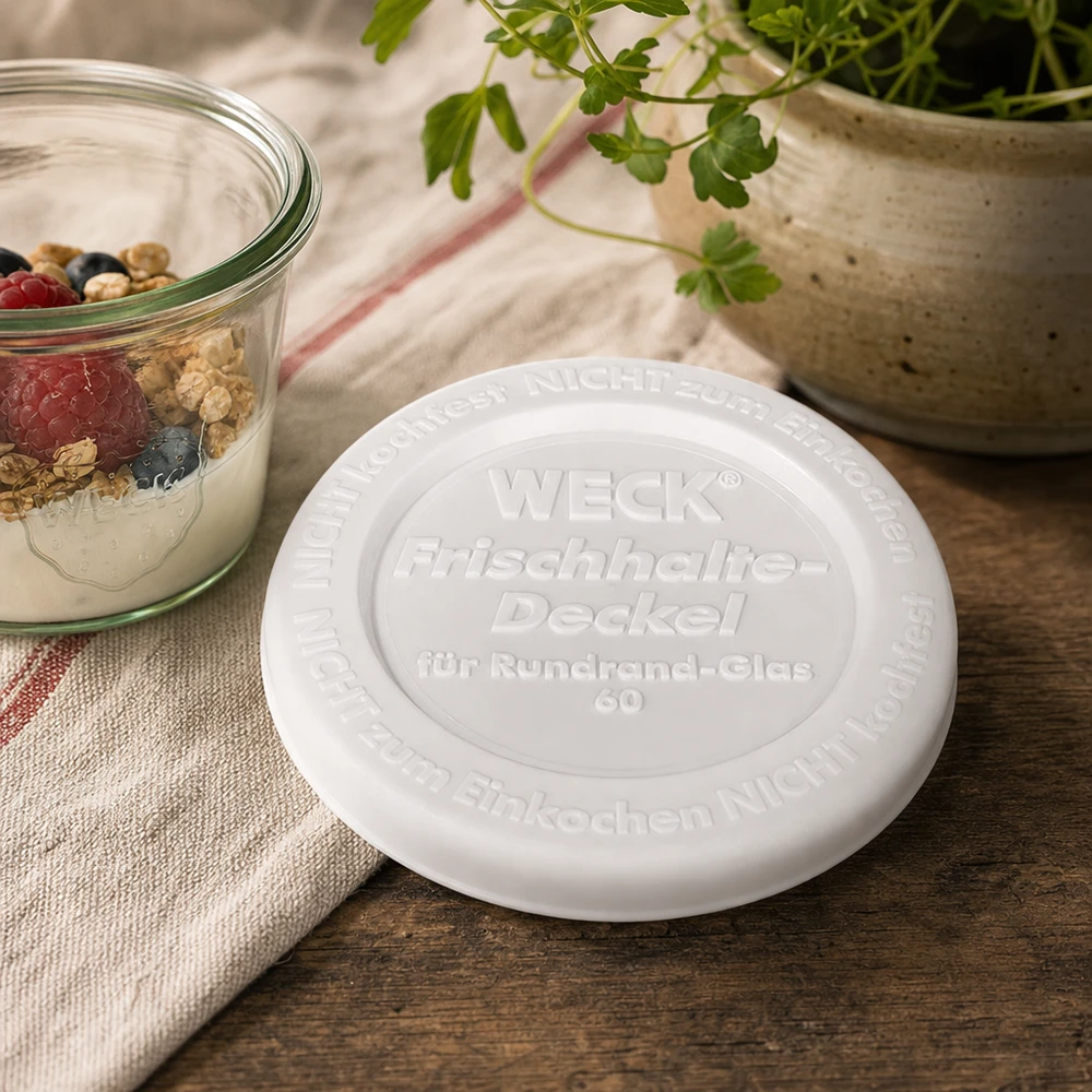 WECK/REX keep-fresh-låg RR60 WECK keep-fresh-låg RR60 hvidt plastlåg på træbord ved siden af yoghurt med bær naturlig køkkendekoration