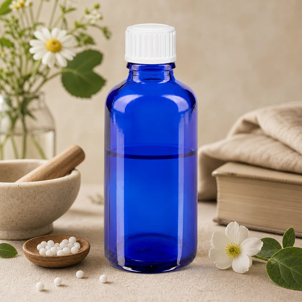 Blå 50 ml dråbeflaske med hvid STD-prop foran kamilleblomster og morter
