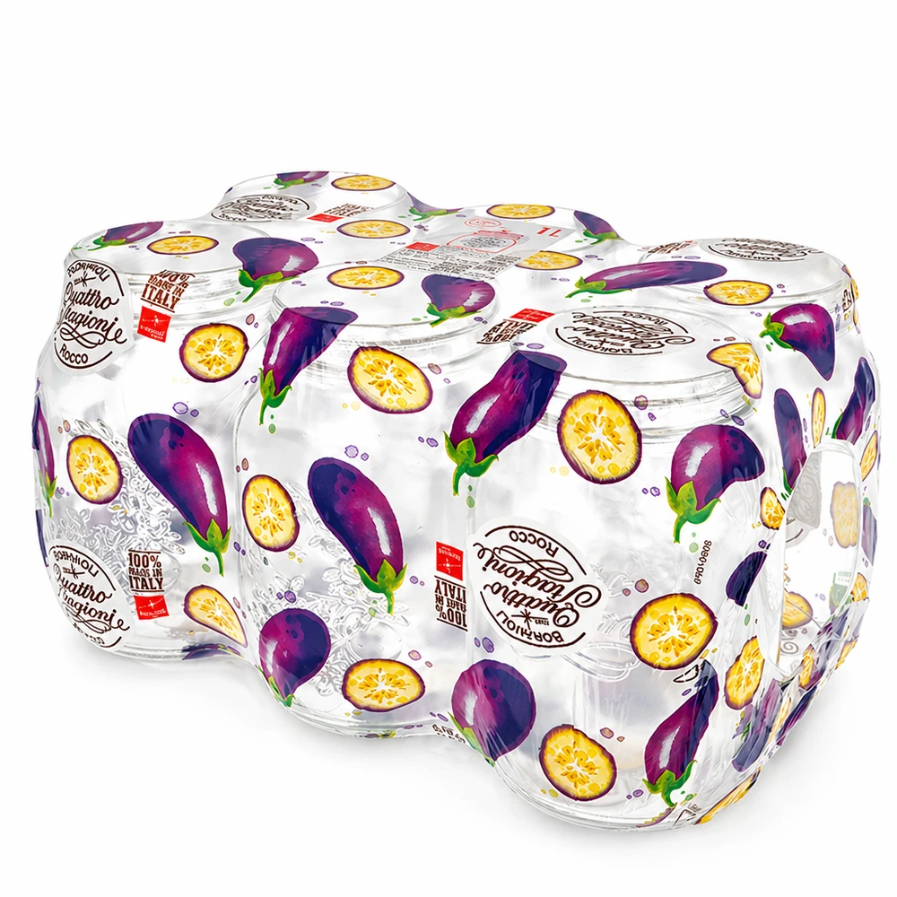 1000 ml rund krukke "Quattro Stagioni" med låg Quattro Stagioni 1000 ml syltetøjsglas med dekorativ auberginefrugtemballage Italiensk sæt med syltetøjsglas