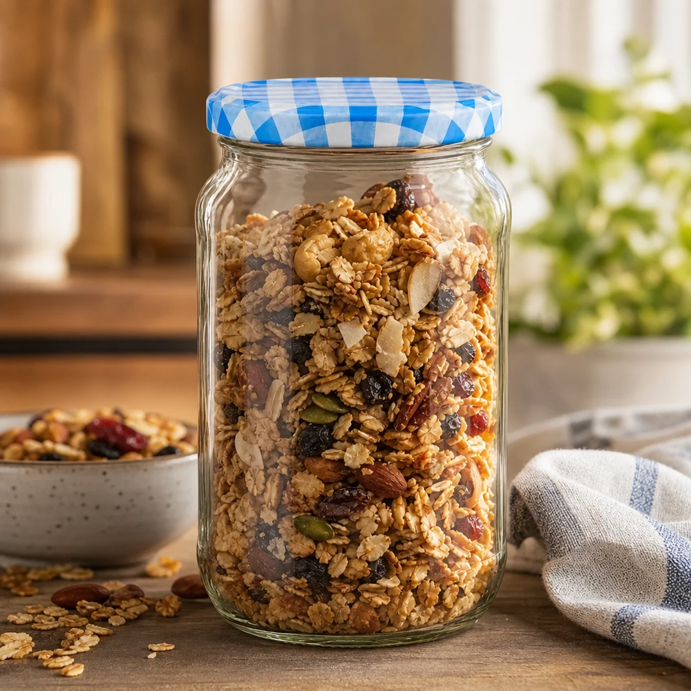 1062 ml rund krukke + BasicSeal-låg blå/hvid UNiTWIST 1062 ml rund krukke fyldt med müsli og nødder, BasicSeal-låg i blå og hvid, perfekt til opbevaring af morgenmadsprodukter