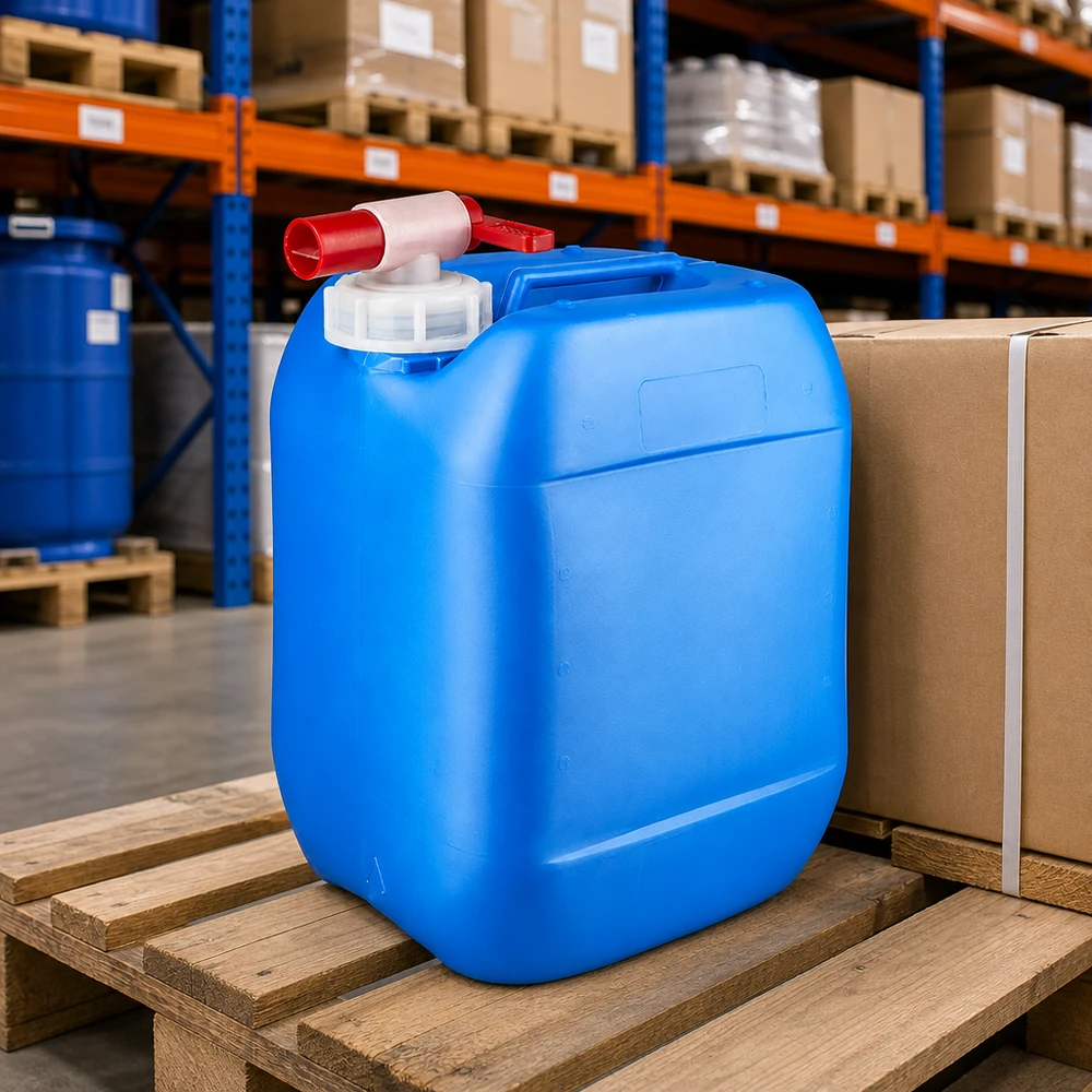 Rektangulær plastdunk på 10 liter, blå, med udløbshane, på træpalle på lageret