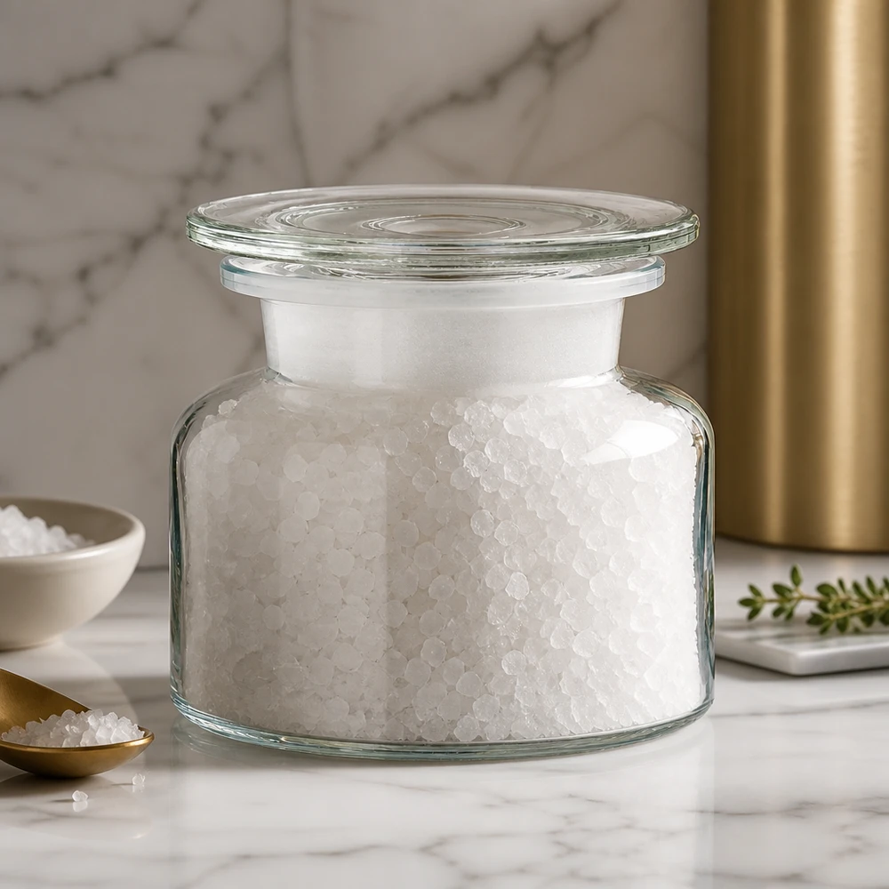 Idé til krydderiglas: Apotekerflaske 100 ml med bred hals i klart glas Apotekerflaske, 100 ml, bredhalset, klart glas, fyldt med groft havsalt på marmor