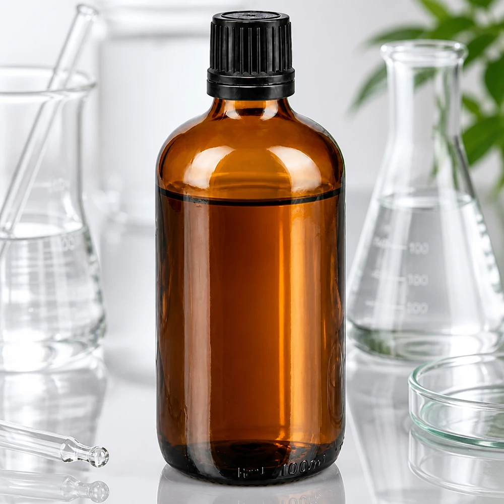 100 ml apotekerflaske af brunt glas med sort skruelåg og 1 mm dråbeindsats i laboratoriet