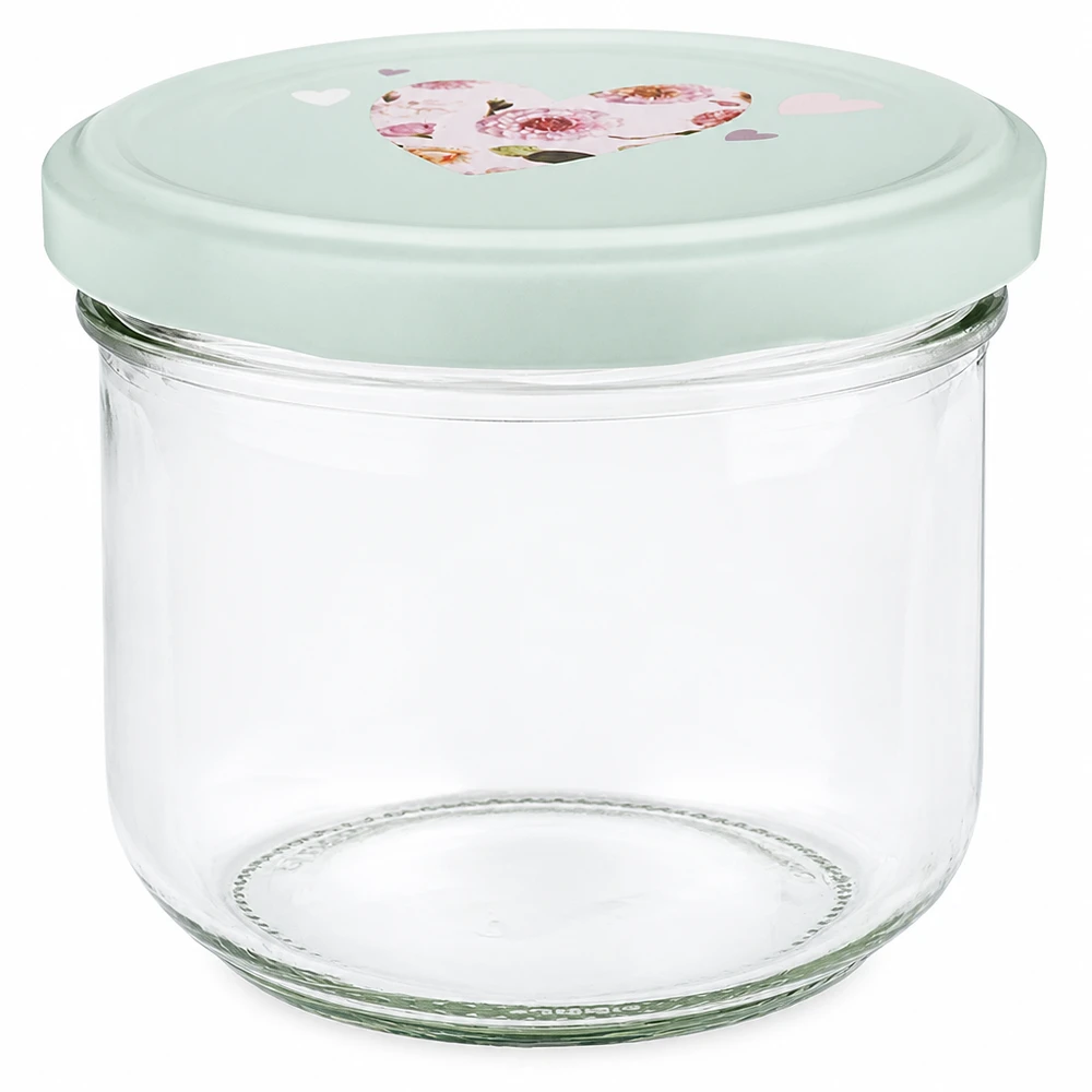 260 ml glas med skrå kant + BasicSeal låg, hjerteformet, mint UNiTWIST 260 ml murerbalje med mintgrønt BasicSeal-låg og hjertemotiv, tom syltekrukke til marmelade og konserves