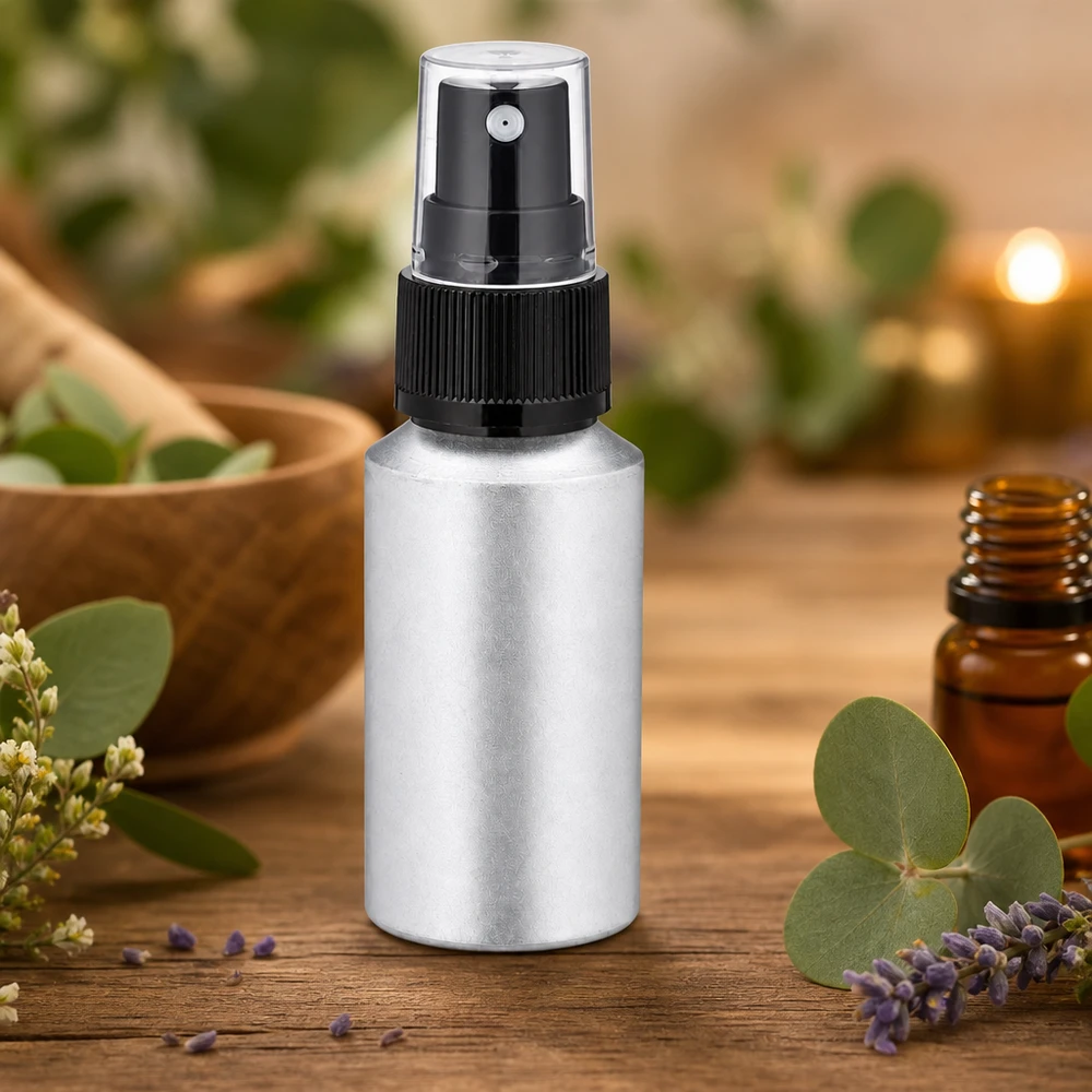30 ml farvet aluminiumsflaske med forstøver Bejdset 30 ml aluminiumsflaske med pumpesprøjte til aromaterapi