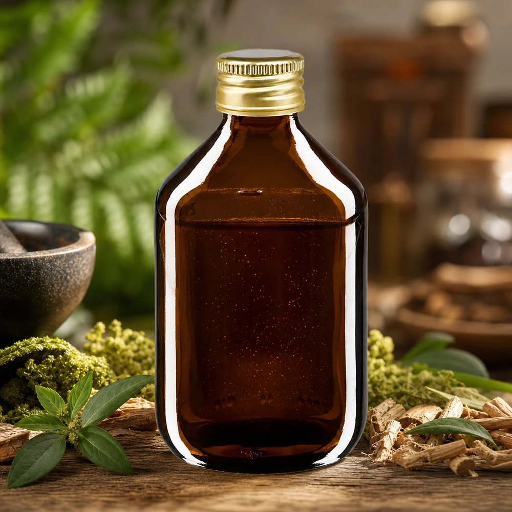 300 ml medicinflaske brun, med hætte i guldaluminium ApoGlas. Farmaceutisk kvalitet fra EU-produktion. 28 mm (PP28) gevind. (sirup, let glasflaske) Praktisk 300 ml brun glasflaske med sikkert aluminiumslåg til urtetinkturer