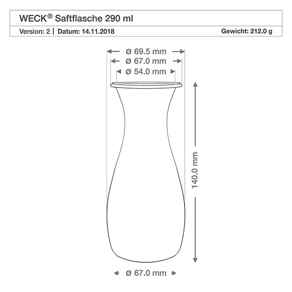 Sæt med 48 Weck-krukker 290 ml juiceflaske med 48 glaslåg Teknisk tegning WECK juiceflaske 290ml RR60 med mål og vægt 212g, detaljeret produktspecifikation
