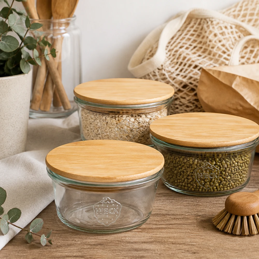 50 ml mini Briller WECK RR60 med trælåg WECK Mini Sturzglas 50ml mit Bambusdeckel in nachhaltiger Zero-Waste Küche mit Mesh-Beutel und Holzutensilien