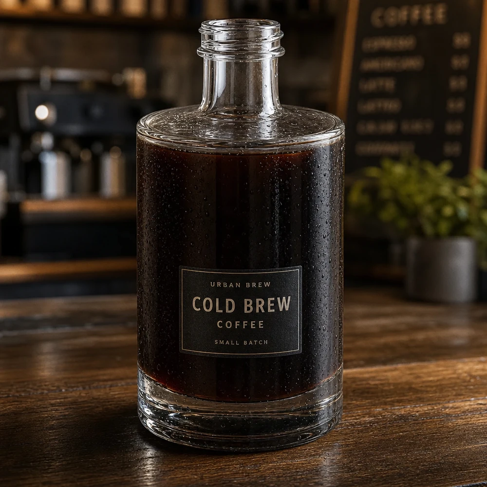 375 ml glasflaske »Sam« uden skruelukning UNiTWIST® 375 ml glasflaske Sam fyldt med koldbrygget kaffe præsenteret i en stilfuld kaffebar-atmosfære