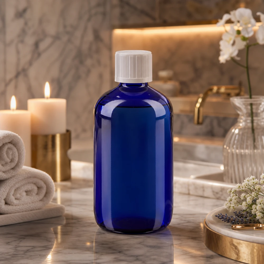 Blå 100 ml apotekerflaske med børnesikret låg i et elegant spa-miljø med stearinlys