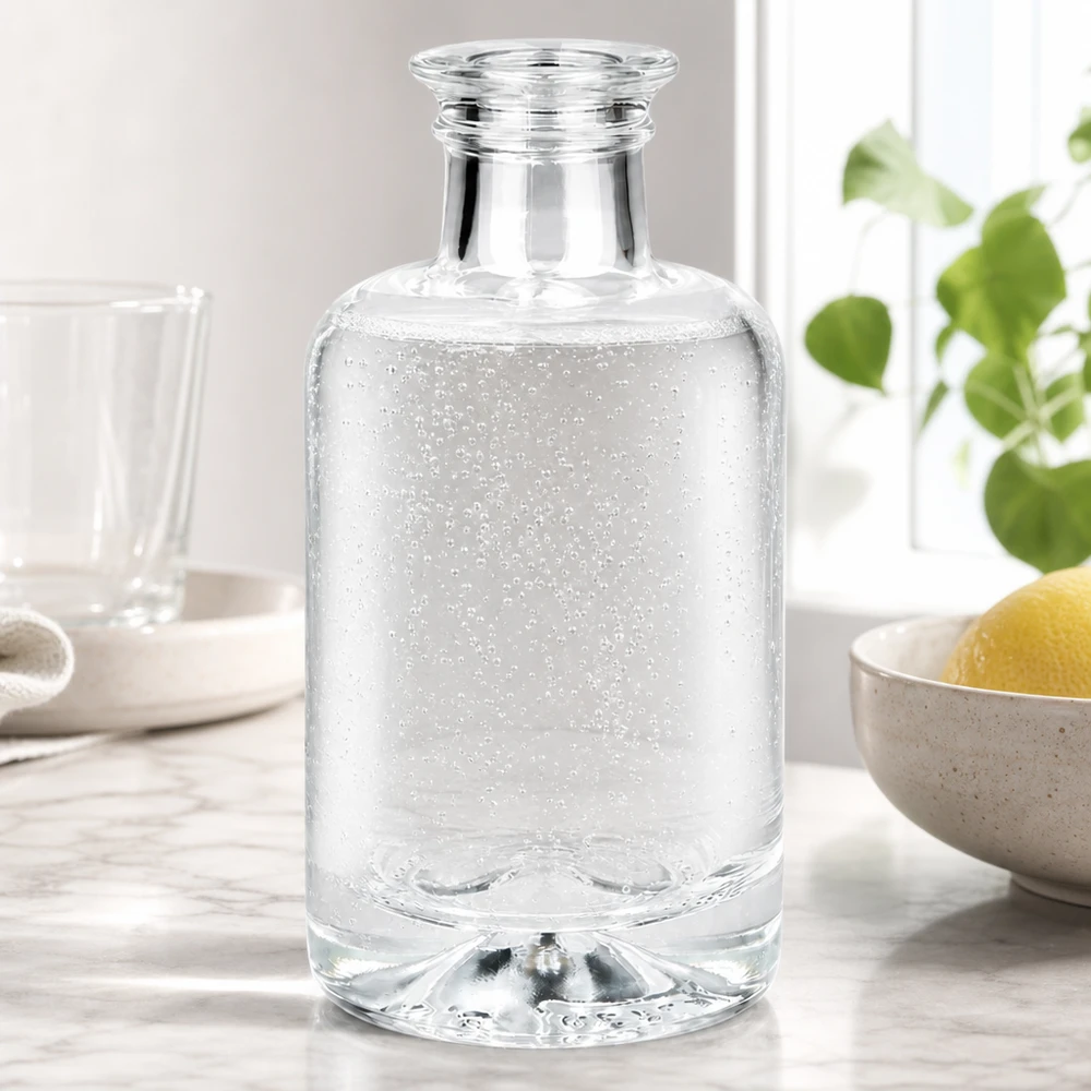 100 ml apoteksflaske »Sofia« uden lukning UNiTWIST® 100 ml Sofia-glasflaske fyldt med danskvand på hvid køkkenbordplade ved siden af citroner og plante