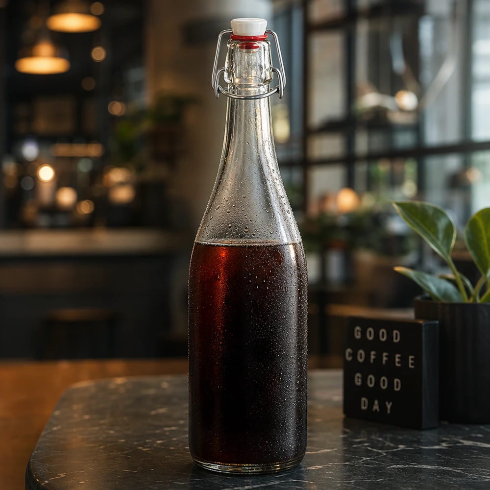 750 ml glasflaske og hængelåg i PVC UNiTWIST 750 ml glasflaske med svingtop fyldt med cola Café-atmosfære koldbrygget kaffe stemningsfuld belysning stilfuld