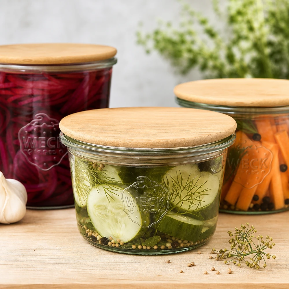 80 ml Briller WECK RR60 med trælåg WECK 80ml RR60 trælåg syltede agurker fermentering grøntsager konservering køkkenredskaber