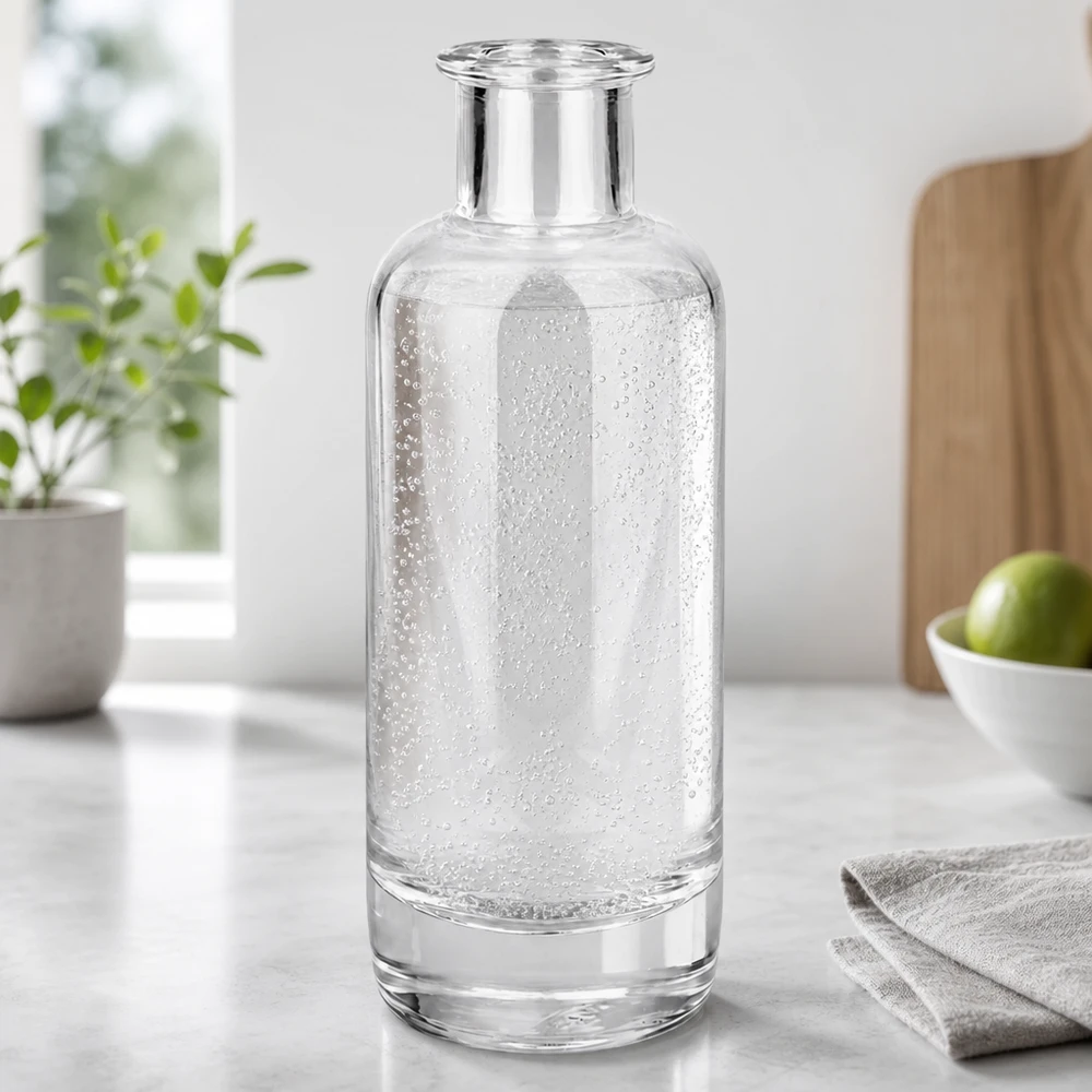 200 ml glasflaske »Ella« uden låg UNiTWIST® 200 ml glasflaske Ella fyldt med mineralvand med brus i moderne køkken viser brug til drinks