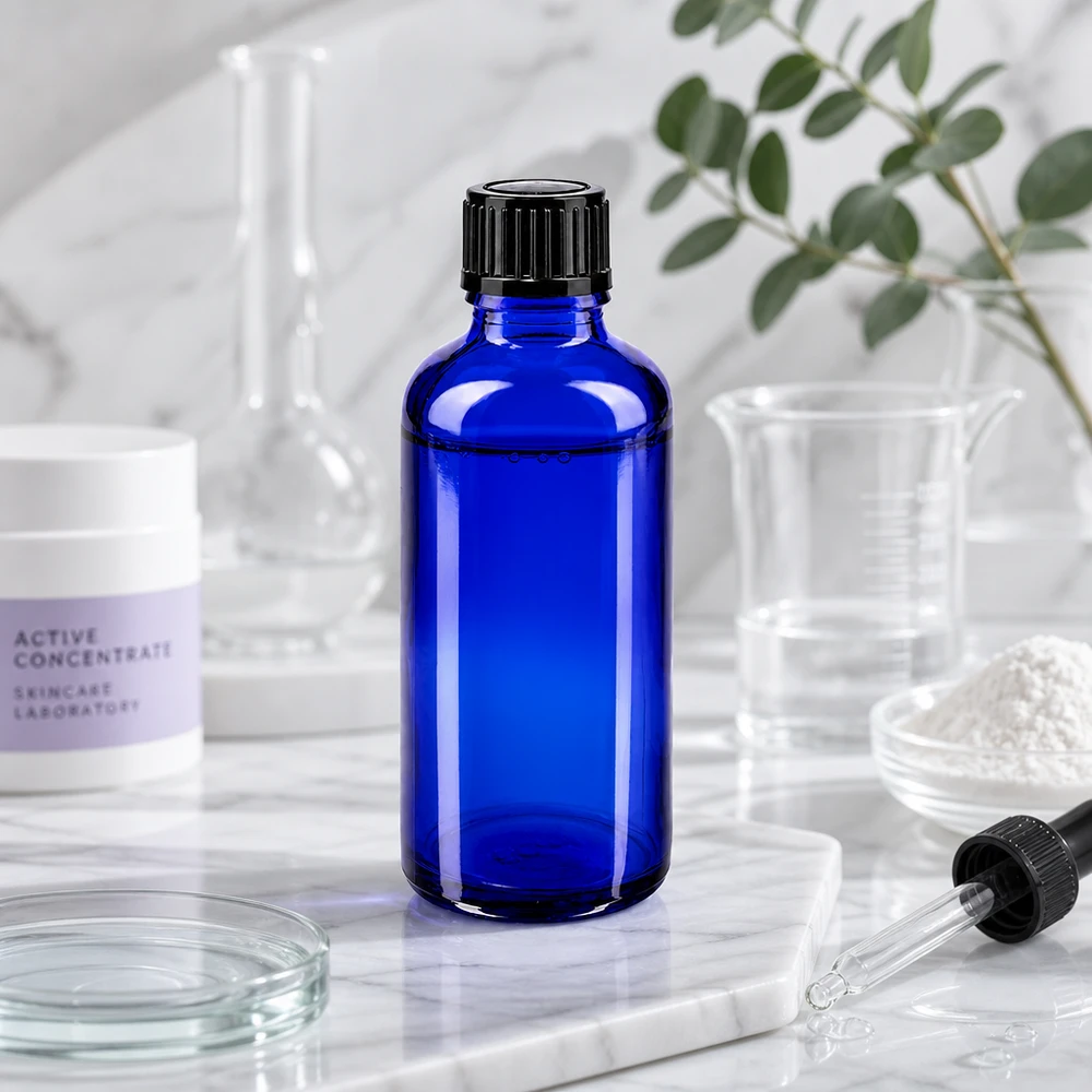 50 ml laboratorieflaske af koboltblåt apotekerglas med sort dråbepropp i hudplejelaboratoriet