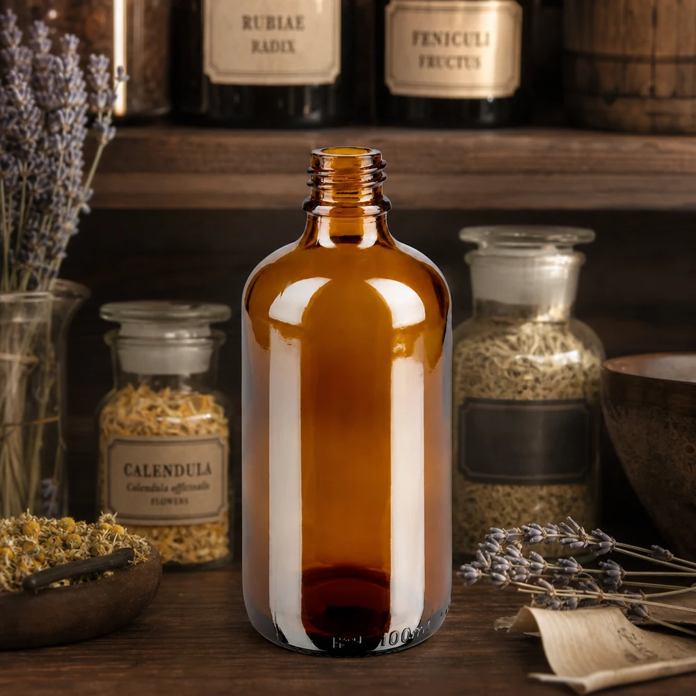 100 ml brun Apoteksflaske ApoGlas 100 ml brun ApoGlas-apoteksflaske med morgenfrue og lavendel i en rustik apotekeratmosfære