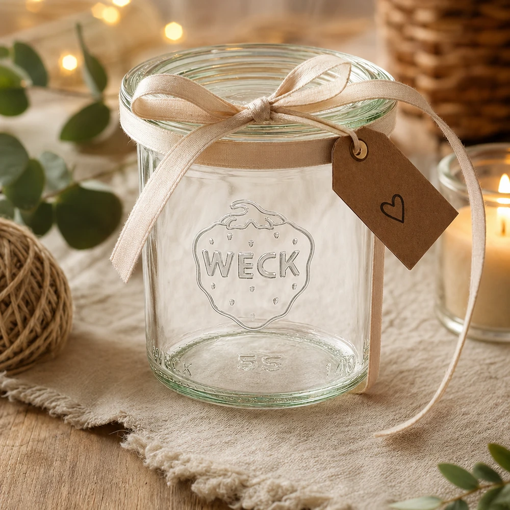 WECK 140 ml krukke med glaslåg RR60 | Premium-kvalitet WECK Sturzglas 140ml RR60 als Geschenk dekoriert mit beiger Schleife und Herzanhänger auf rustikalem Holztisch