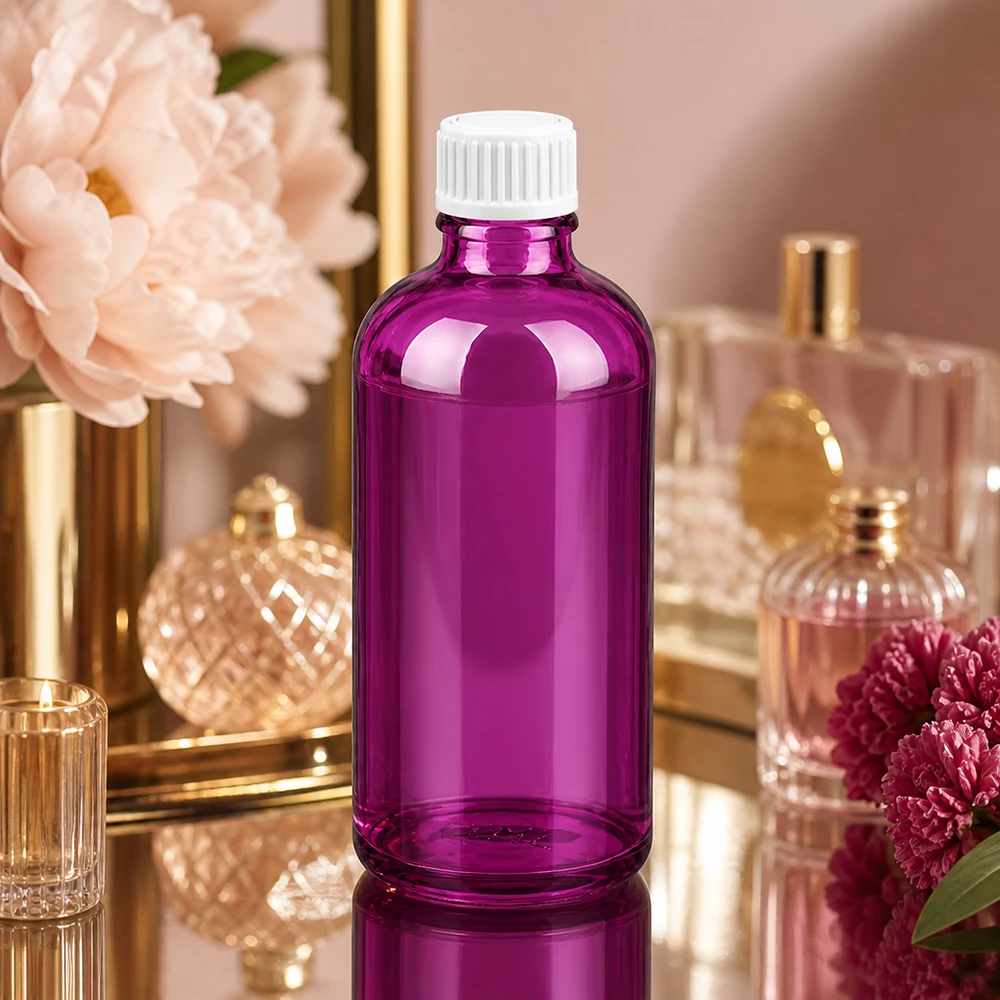 100 ml (globule) flaske 3 mm hældering hvid Standard PurpleLine. UT18/100 Elegant lilla glasflaske 100 ml med UT18-tråd til luksuriøse kosmetikprodukter og serummer