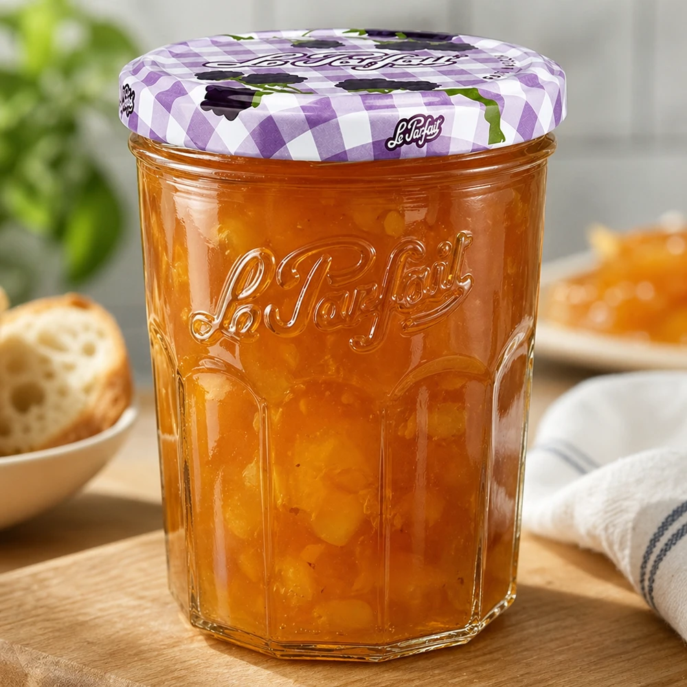 Le Parfait® Jam 385 ml Ø82 mm syltetøjsglas Le Parfait-glas 385 ml fyldt med appelsinmarmelade på træbord ved siden af brød og morgenmadsbakke