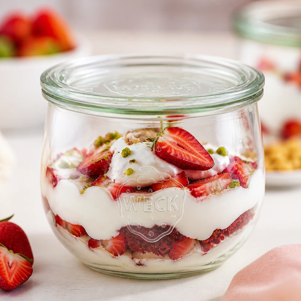 580 ml tulipankrukke med glaslåg WECK RR100 WECK tulipankrukke 580 ml RR100 fyldt med jordbæryoghurtdessert som en dessertvariant med pistacienødder på en hvid overflade