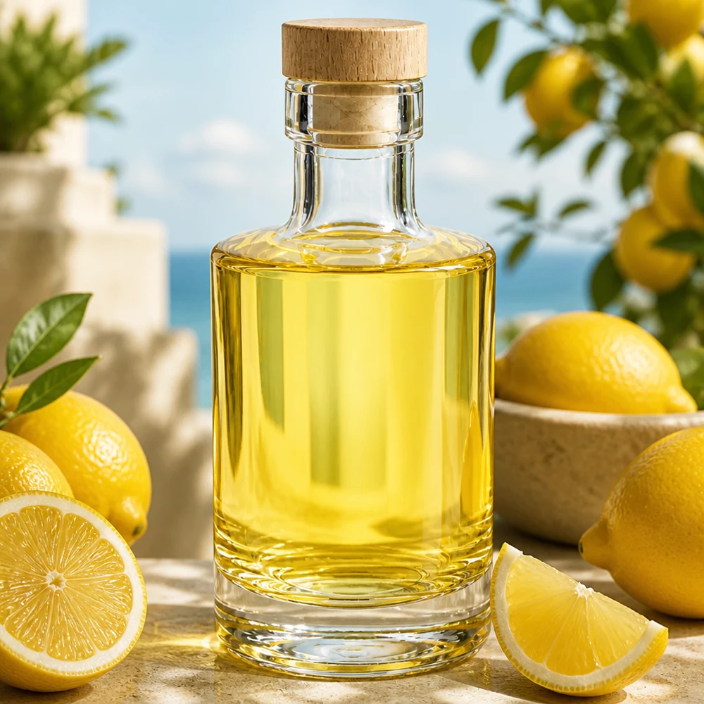 200 ml glasflaske Marie med træhåndtagskork UNiTWIST® 200 ml glasflaske Marie fyldt med gul olie, korkprop, dekorativt arrangeret med citroner på et træbord
