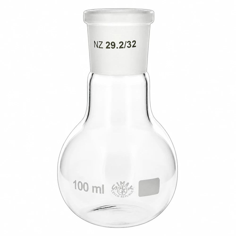 100 ml kolbe med standard slebet led (29/32) Stående kolbe 100 ml af borosilikatglas med slebet standardfuge NS 29/32 til laboratoriebrug
