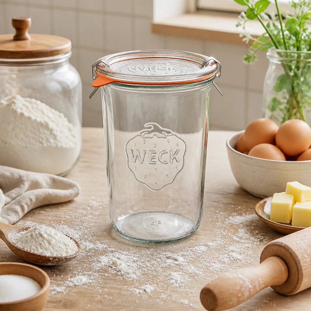 WECK-bægre 850 ml RR100 i naturligt køkkenmiljø med bageingredienser æg smør og mel til nedkogning