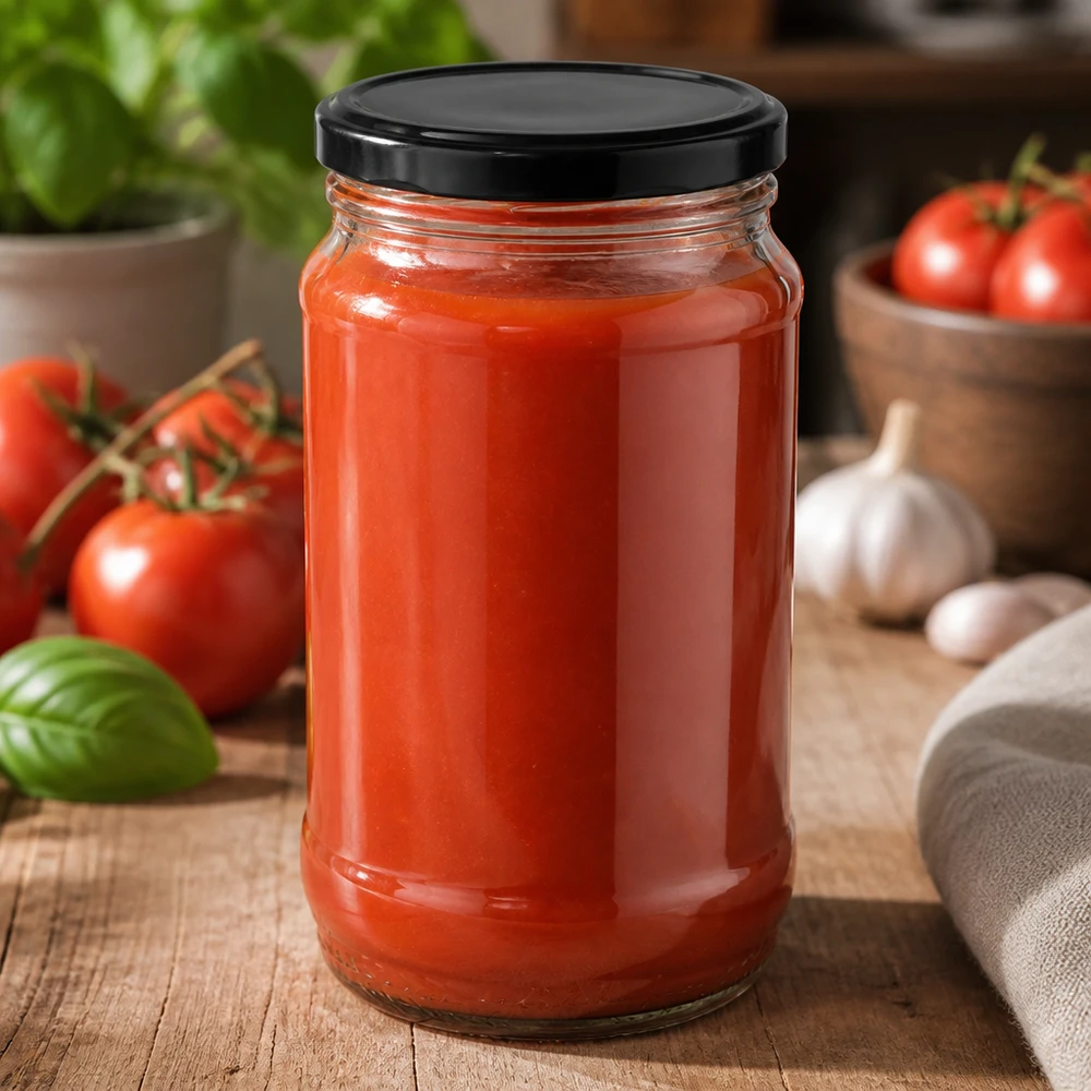 370 ml UNiTWIST-glas med sort BasicSeal-låg, fyldt med rød tomatsauce på et træbord