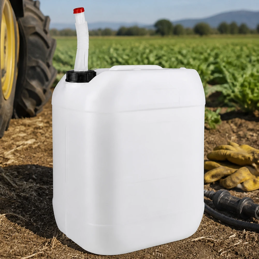 20 liters beholder med Flex-udløbsrør En 20-liters landbrugsdunk med fleksibelt udløbsrør ved siden af en traktor på en mark