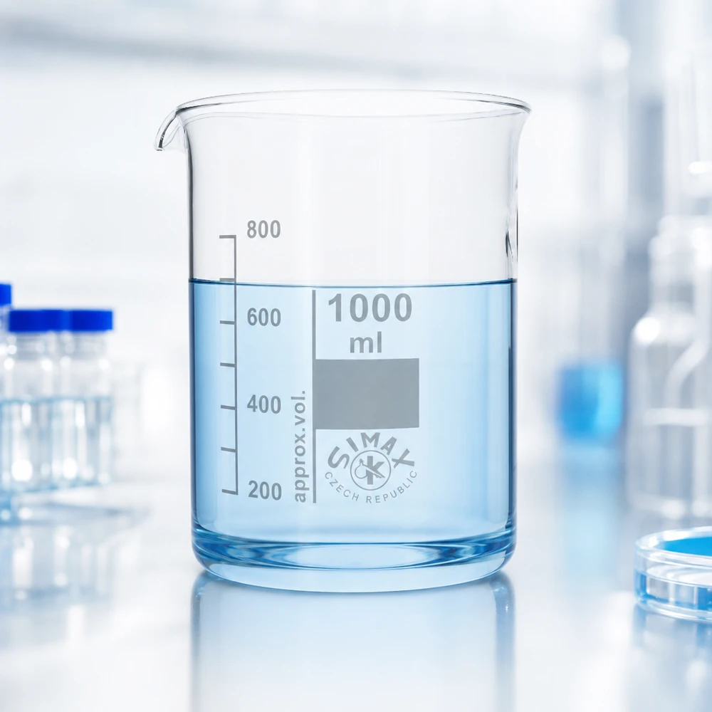 Bægerglas 1000 ml borosilikatglas, lav form Stort 1000 ml bæger fremstillet af robust borosilikatglas til omfattende laboratorieforsøg