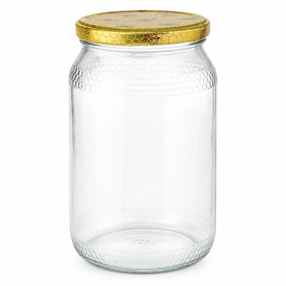 1260 g honningglas med låg med honningkagemønster BasicSeal UNiTWIST 900 ml honningkrukke med gyldent BasicSeal-låg honningkagemønster tom biavlsforsyning honningemballage