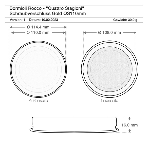 3000 ml rundt glas "Quattro Stagioni" med låg Teknisk tegning Quattro Stagioni skruelåg med målene 114,4 mm i diameter og 16 mm i højden
