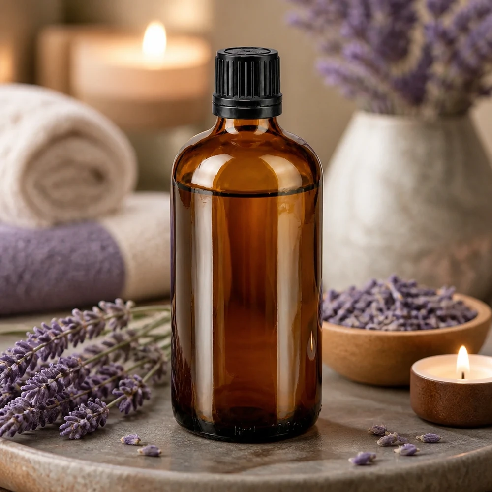 Brun 100 ml glasflaske med dråbeindsats mellem lavendelblomster og stearinlys