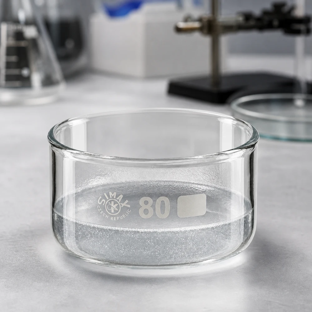 Tom, gennemsigtig krystalliseringsskål, 150 ml, borosilikatglas, ø 80 mm, SIMAX, Tjekkiet, laboratorieudstyr