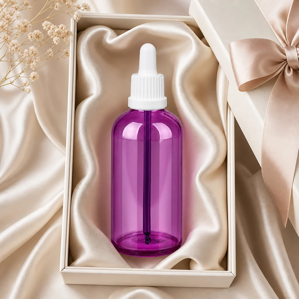 100 ml pipetteflaske hvid Originality skruelåg PurpleLine UT18/100 100 ml pipetteflaske med UT18/100-gevind i stilfuldt lilla design til professionel brug