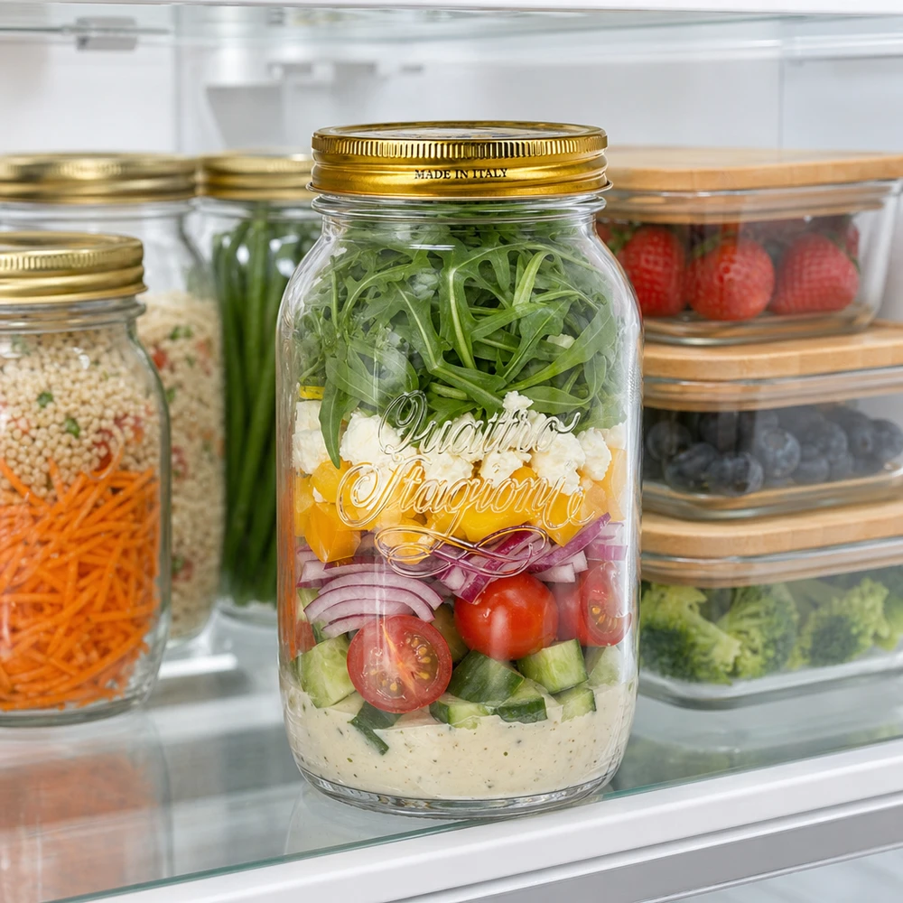 1500 ml rundt glas "Quattro Stagioni" med låg 1500 ml Quattro Stagioni konserveringsglas fyldt med lagdelt salat i køleskabet meal prep salatkonservering
