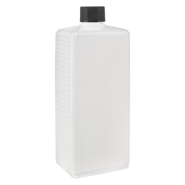 1000 ml firkantet flaske PE natur, med låg 1000 ml firkantet flaske PE natur, med låg