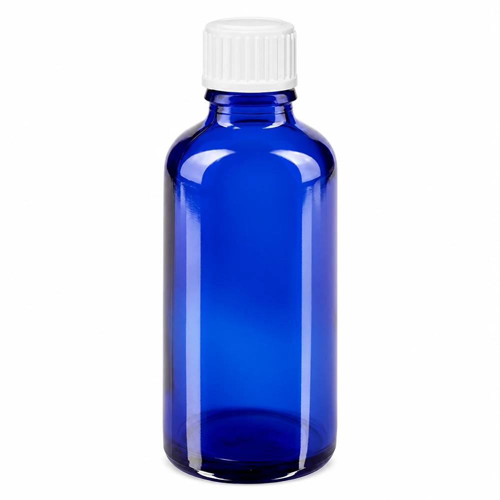 Apoteksflaske blå 50ml skruelåg hvide kugler St 50 ml blå glasflaske med hvid prop, fremstillet af apotekerglas til farmaceutiske formål
