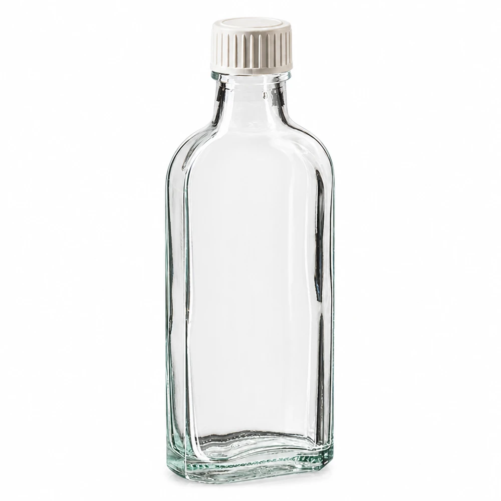 100 ml Meplat klart skruelåg med PE-skumindsats 100 ml Meplat-glasflaske, klar, med hvid skruelåg og PE-skumindlæg