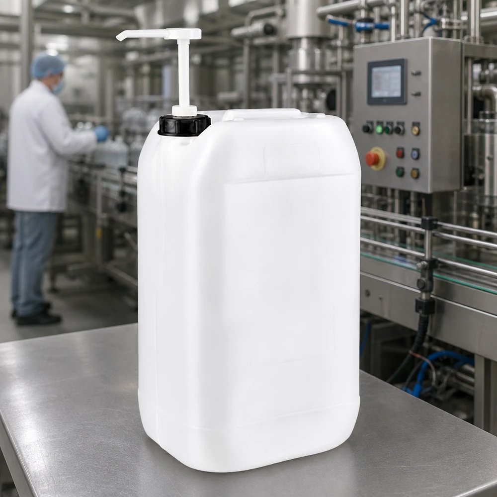 Rektangulær 15-liters HDPE-kanister med doseringspumpe på et bord af rustfrit stål i et industrielt produktionsanlæg