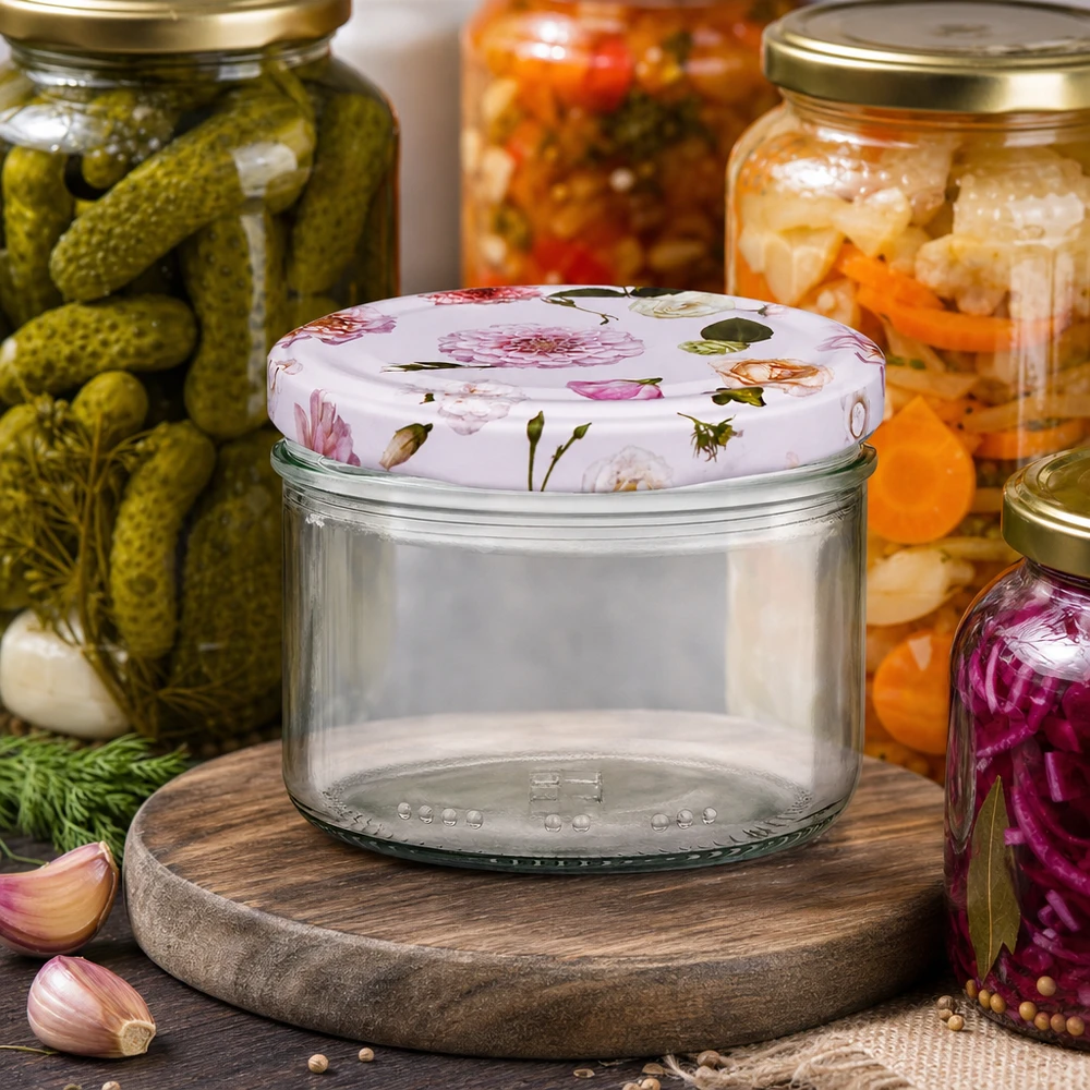 230 ml cylinderglas + BasicSeal låg Blume rosa 230 ml cylindrisk krukke med lyserødt blomsterlåg mellem konserveringsglas - konserveringsglas til fermentering og opbevaring